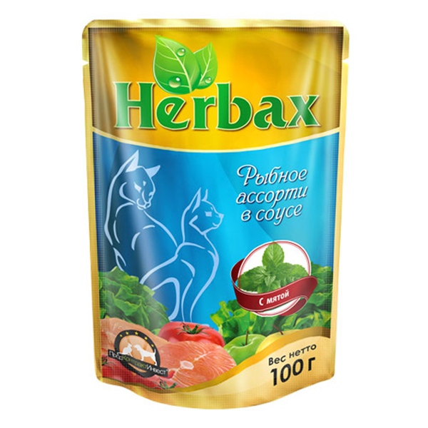 Herbax влаж. д/кошек 100г рыбное ассорти в соусе с мятой