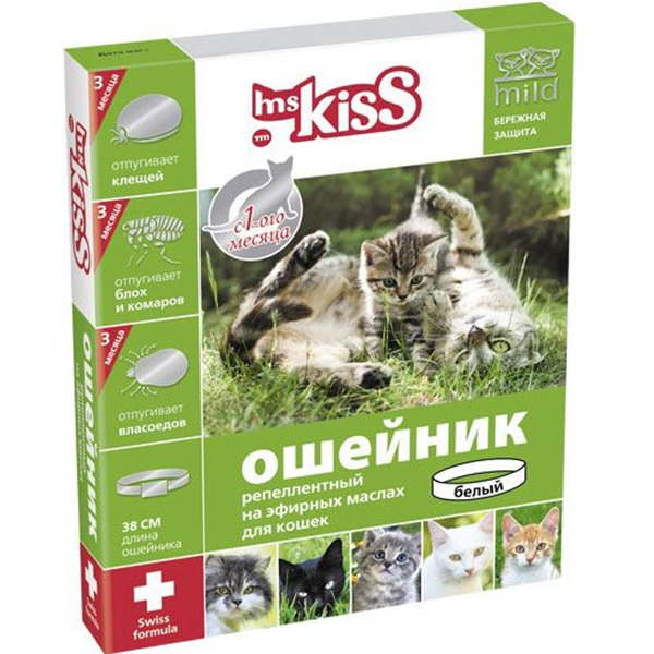 Мисс Кисс Ошейник уход за шерстью, отпугивание насекомых для кошек БЕЛЫЙ 38 см