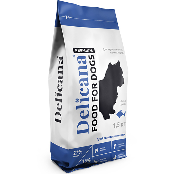Delicana сух.д/собак мелких  пород 1,5 кг Лосось с рисом бренд