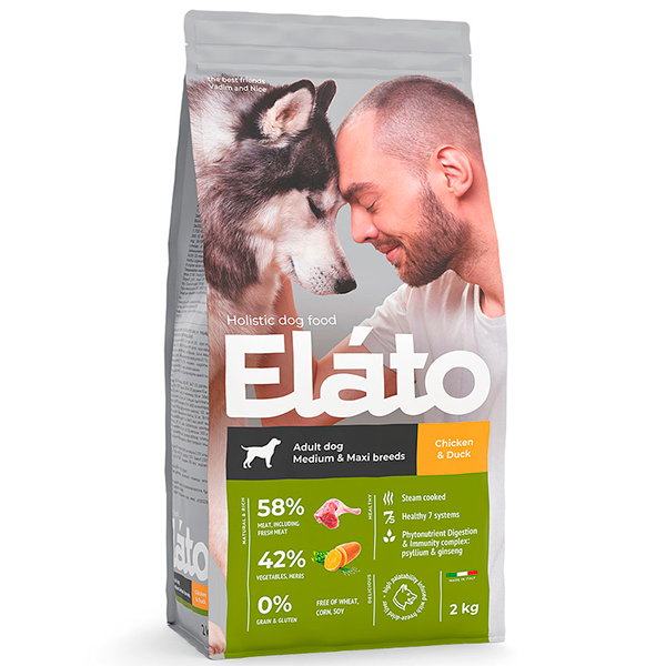 Elato Holistic корм для взрослых собак средних и крупных пород с курицей и уткой, 2кг