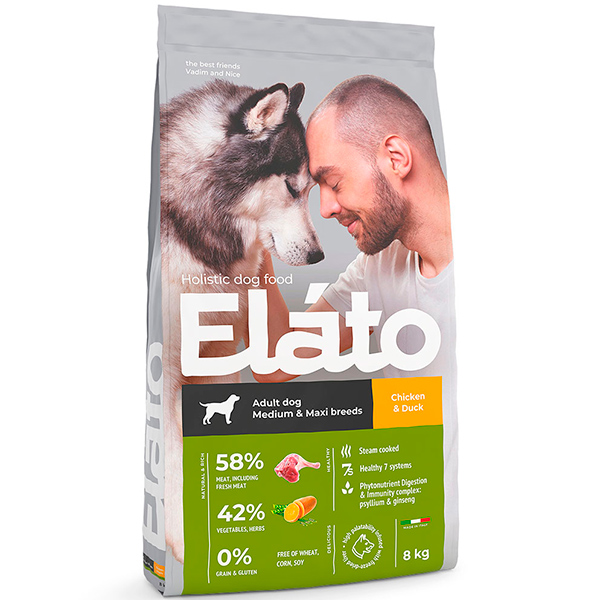 Elato Holistic корм для взрослых собак средних и крупных пород с курицей и уткой, 8кг