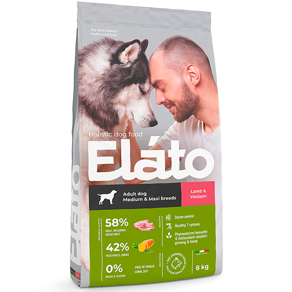 Elato Holistic корм для взрослых собак средних и крупных пород с ягненком и олениной, 8кг