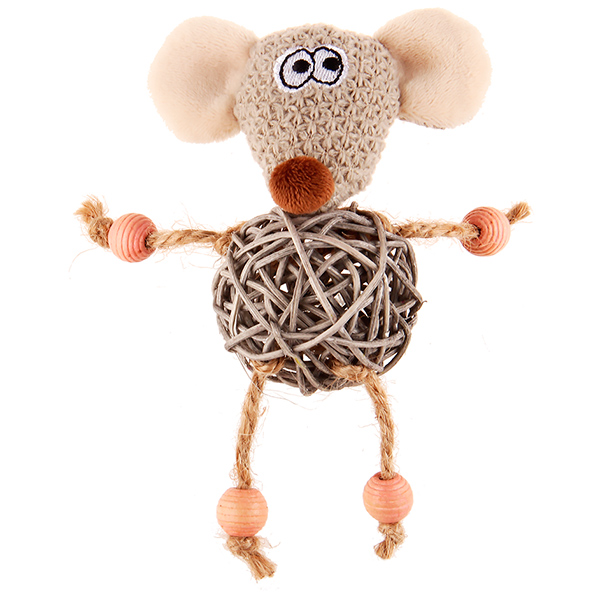 GiGwi Мышка с плетённым мячиком и колокольчиком текстиль/дерево 8 см.