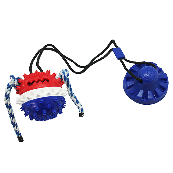 Игрушка д/собак Тяни-кусай на одной присоске 71см сине-красный шипованный мяч с веревкой.N1