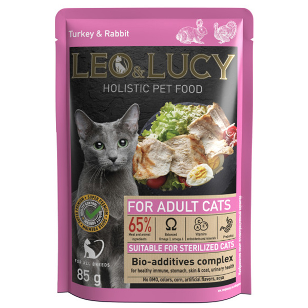 LEO&LUCY холистик влаж. д/кошек 85г Кусочки в соусе с индейкой, кроликом и биодоб, подходит стерил