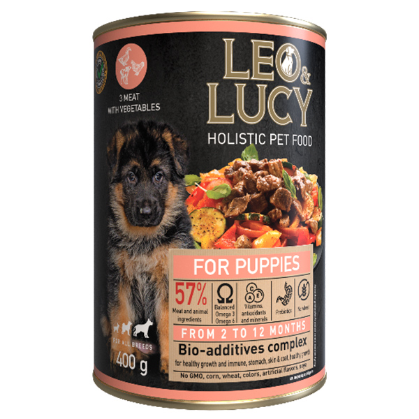 LEO&LUCY холистик конс.д/щенков 400г Паштет мясное ассорти с овощами и биодобавками