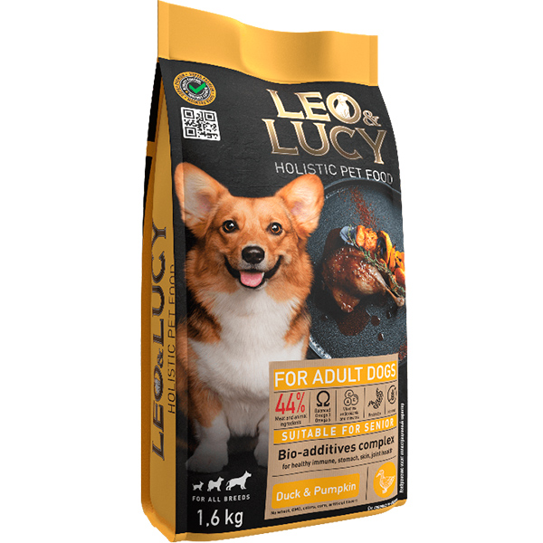 LEO&LUCY холистик сух. корм д/собак всех пород 1,6кг с уткой,тыквой и биодобавками, подходит пожилым