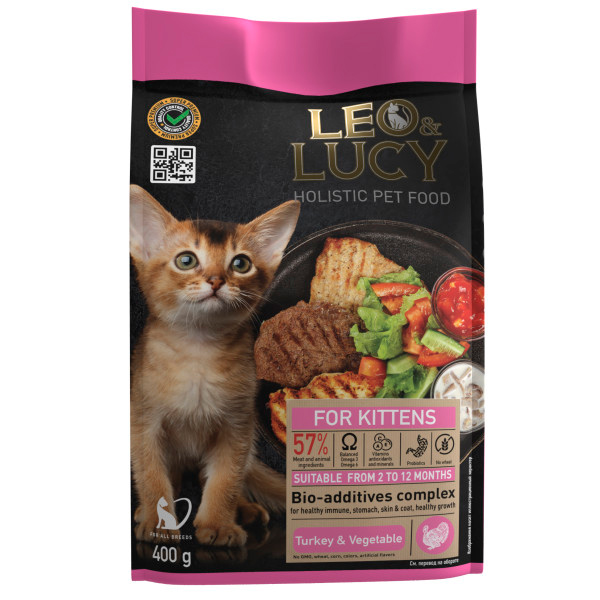 LEO&LUCY холистик сух. корм д/котят 400г с индейкой, овощами и биодобавками