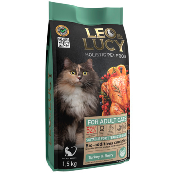 LEO&LUCY холистик сух. корм д/кошек 1,5кг с индейкой, ягодами и биодобавками, подходит стер и пожил.