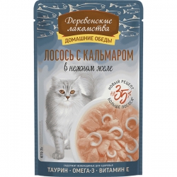 Деревенские лакомства д/кош Лосось с кальмаром в нежном желе 70г