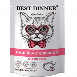 Best Dinner Exclusive мусс сливочный, индейка с клюквой д/стерил. кошек 85 г СРОК РЕАЛ 18.11.26н