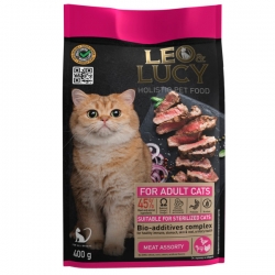 LEO&LUCY холистик сух. корм д/кош.400г мясное ассорти и биодобавками, подходит для стерил