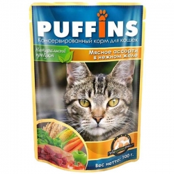 PUFFINS влаж.д/кошек 100г в желе мясное ассорти