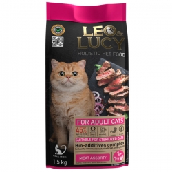 LEO&LUCY холистик сух. корм д/кошек 1,5кг мясное ассорти и биодобавками, подходит для стерилиз