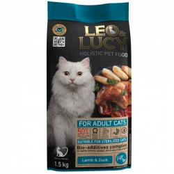 LEO&LUCY холистик сух. корм д/кошек 1,5кг с ягненком, уткой и биодобавками, подходит для стерилиз.