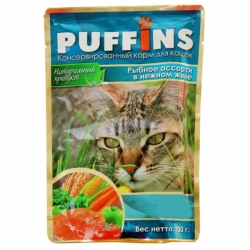 PUFFINS влаж.д/кошек 100г в желе рыбное ассорти СРОК РЕАЛ 03.09.26н