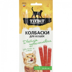 Титбит Колбаски Двойное удовольствие для кошек с цыпленком и печенью 15г