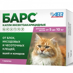 БАРС капли инсектоакарицидные д/кош от 5 до 10 кг (1 пипетка по 1 мл)