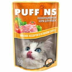 PUFFINS влаж.д/кошек 100г в соусе мясное ассорти СРОК РЕАЛ 06.09.26