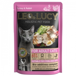 LEO&LUCY холистик влаж. д/кош.85г Кусочки в соусе с индейкой, кроликом и биодоб, подходит стерил