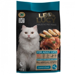 LEO&LUCY холистик сух. корм д/кошек 400г с ягненком, уткой и биодобавками, подходит для стерил